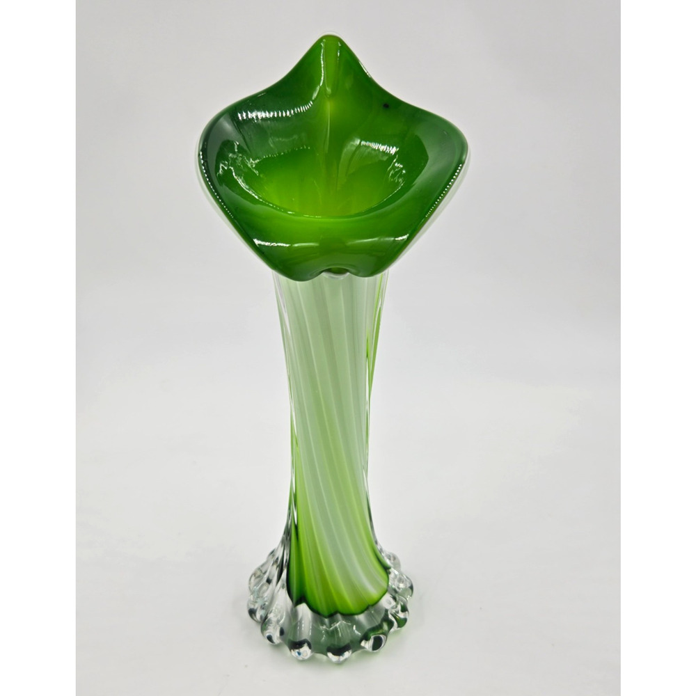 10" Murano Hand Blown Jack in the Pulpit Lily Art Glass Vase Green White LARGE
